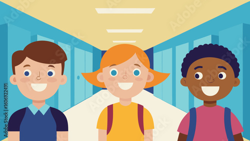 smiling students in school hallway decorated with banners