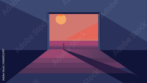 sunset light casting shadows in empty room with benches