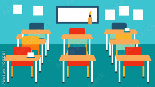 exam classroom setup desks papers organized quiet test