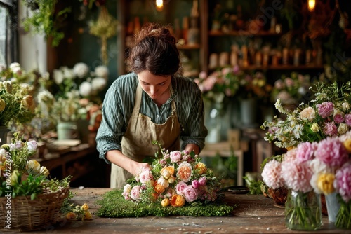 A woman carefully arranging colorful flowers in a flower shop, creating a beautiful bouquet. She is wrapping the fresh bouquet with decorative paper for a customer.