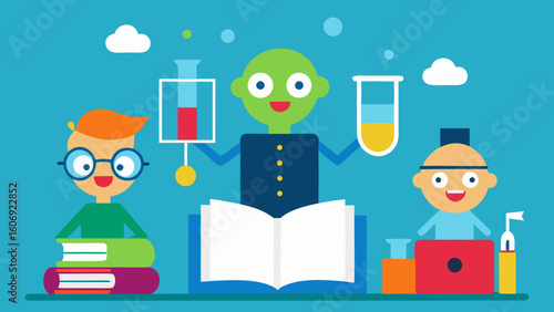 fun cartoon science class with gadgets and open books