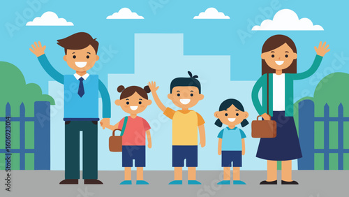 parents waving goodbye to happy kids at school gate