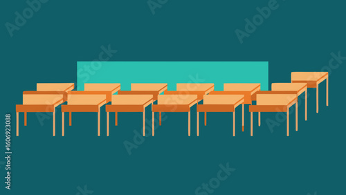 side angle of chalkboard and rows of desks