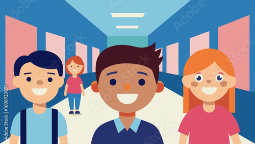 smiling students in school hallway decorated with banners