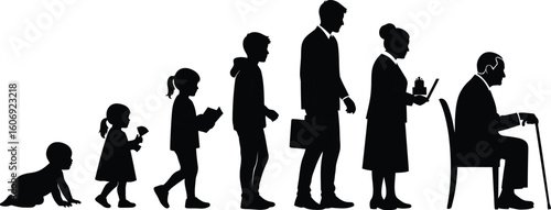 Life Stages Silhouette Vector of Human Growth from Baby to Elderly