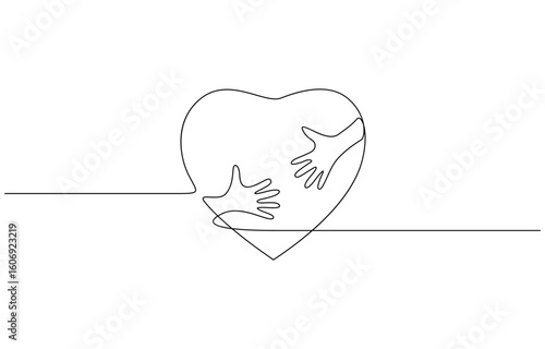 Continuous one line drawing of heart symbol with hand embrace vector illustration. Editable outline