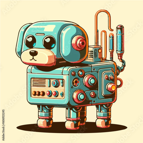 Retro futuristic pet robot A cute vintage style robot dog with neon tubes and mid century shapes
