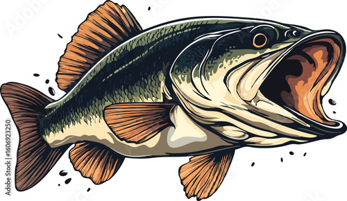 Illustration of a Largemouth Bass with Open Mouth on a White Background