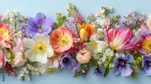 A vibrant arrangement of colorful flowers laid out in a horizontal pattern.