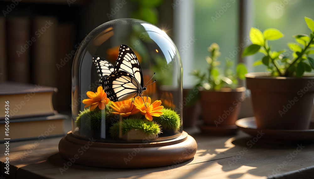 Fototapeta premium Monarch Butterfly Serenity: A vibrant monarch butterfly, delicately perched amidst a miniature ecosystem within a glass cloche, evokes feelings of peace and tranquility. 