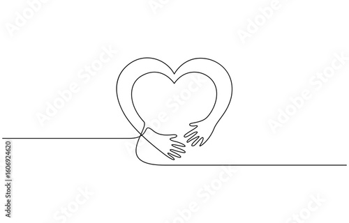 Continuous one line drawing of heart symbol with hand embrace vector illustration. Editable outline