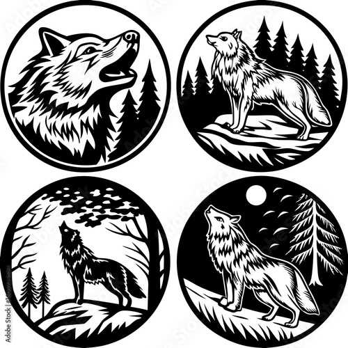 “Wolves and Moon Vector Set – Tribal Silhouettes and Nature-Inspired Circular Scenes”