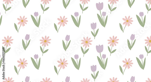 Wallpaper Mural A repeating pattern of pastel-colored flowers, including daisies and tulips, on a white background. Torontodigital.ca