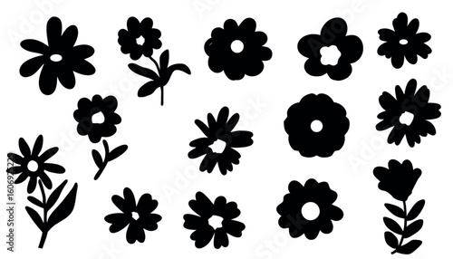 Collection of hand drawn black silhouette flowers on white background,A set of diverse, simple, black floral silhouettes with varied petal shapes and centers..