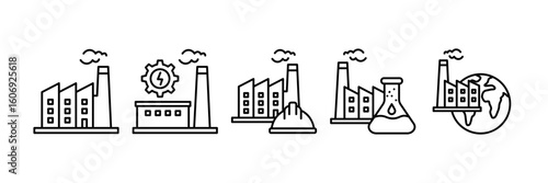 Industrial Building Icon Set, Containing design Factory, Chemical Industry, Factory Worker , Industrial Globe