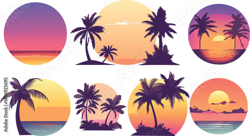 Tropical Sunset Palm Tree Silhouettes in Circle Frames with Gradient Backgrounds Vector Illustration