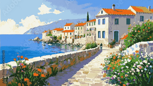 Seaside Palette a coastal town scene, featuring vibrant isolated watercolor vector illustration svg