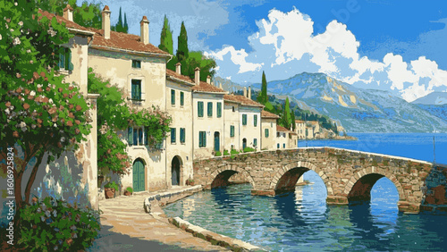 Harbor Hues a coastal town scene, featuring vibrant isolated watercolor vector illustration svg