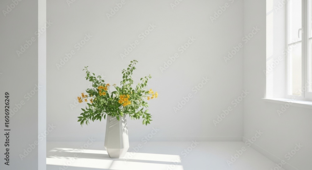 Fototapeta premium Bright Sunlit Room with White Walls and Large Window Featuring Green and Yellow Flower Arrangement