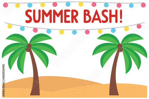 Summer Bash Illustration Featuring Palm Trees, Sandy Beach, and Colorful Party Lights Decoration