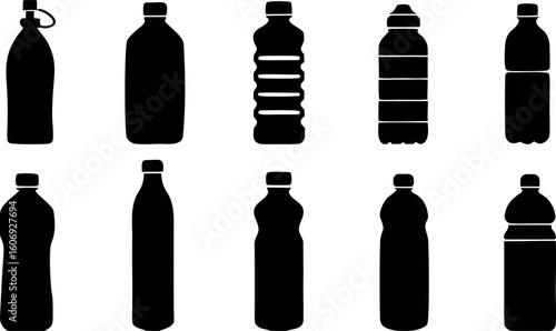 Collection of Different Shaped Black Plastic Bottles for Water, Drinks, and Liquids