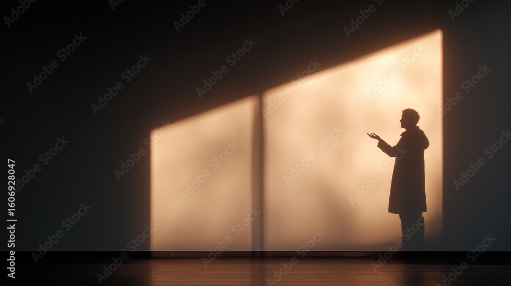 Obraz premium Shadow of a person gesturing towards light on a wall in a dimly lit space during early evening hours
