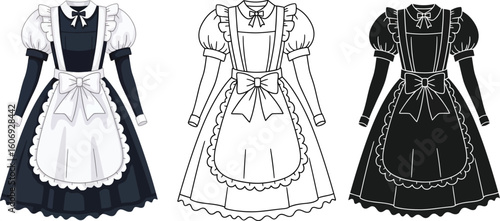Maid costume vector illustration, anime maid dress, french maid outfit, cosplay maid uniform