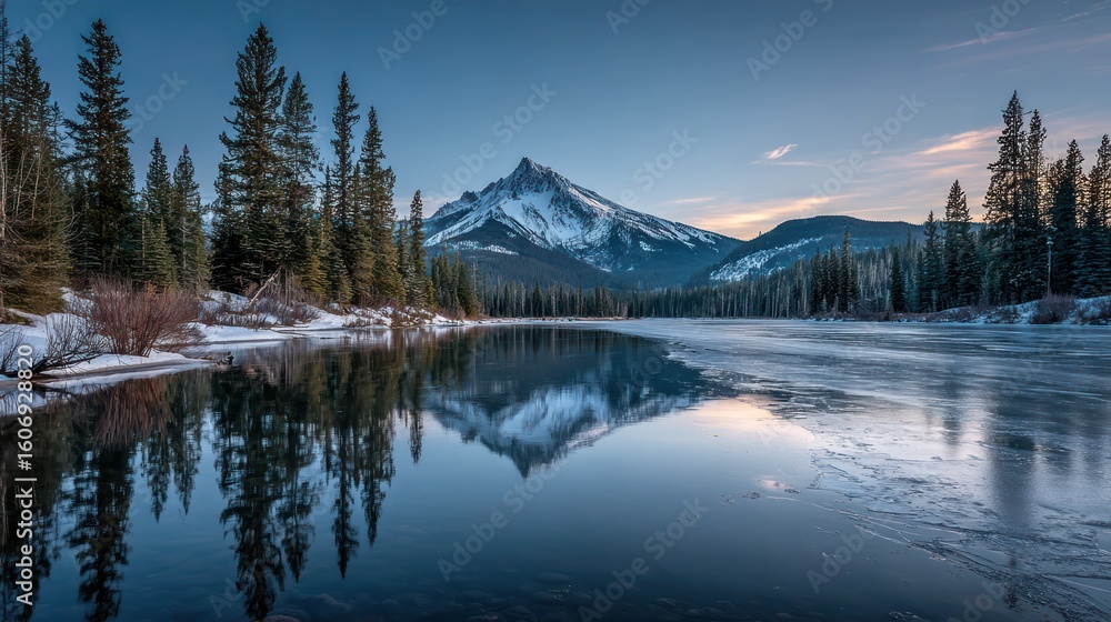 Fototapeta premium Serene mountain peak with snowy slopes reflected in a calm lake. Surrounded by evergreens under a twilight sky
