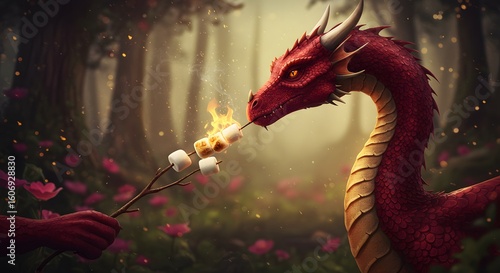 A red dragon roasts marshmallows over a flame in a whimsical forest setting.