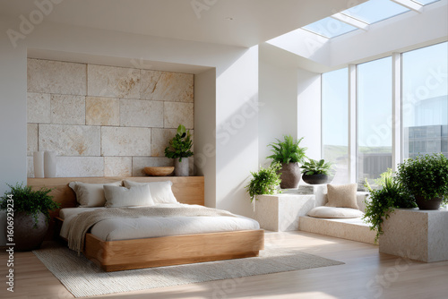 Modern minimalist bedroom with large windows and skylight illuminating greenery