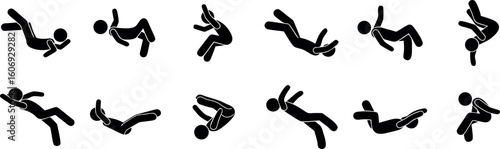 Dynamic Poses of a Falling Stick Figure, Showing Different Stages of Falling