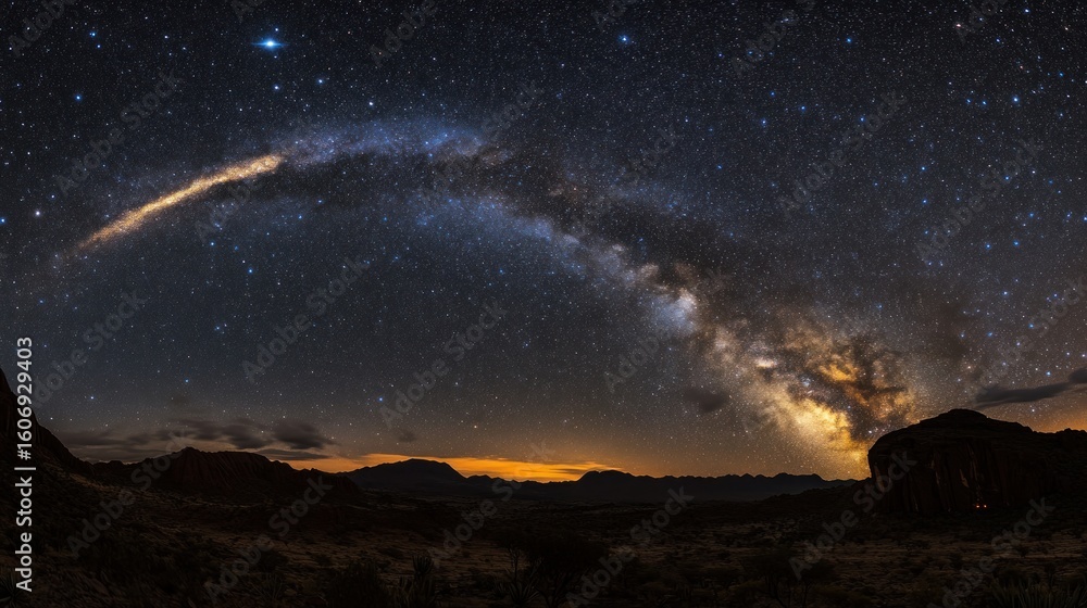 Fototapeta premium Night sky panorama of milky way over desert landscape