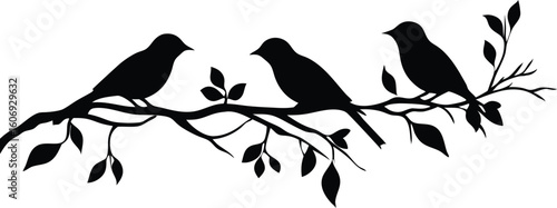 Silhouette of Birds on a Branch with Leaves Black and White Illustration