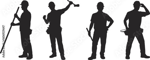 Construction workers silhouette with tools, helmet, labor posture, professional builder icon, male tradesmen vector, black isolated design for industry.