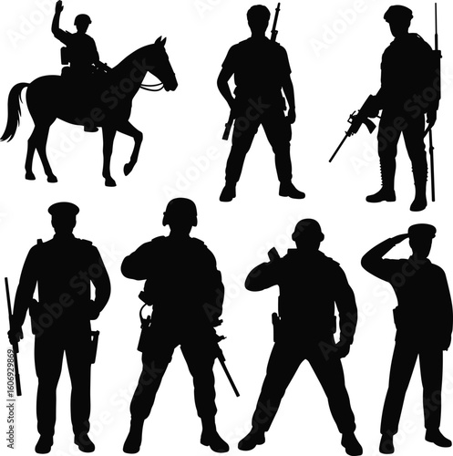 Military and police silhouettes, armed soldiers, officers on duty, tactical poses, army and law enforcement, protection, service, weapon, authority.