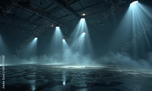 Dark Industrial Room with Blue Spotlights and Reflective Floor: Cinematic Stage Lighting Setting with Fog and Metal Texture Ceiling. Dramatic Ambient
