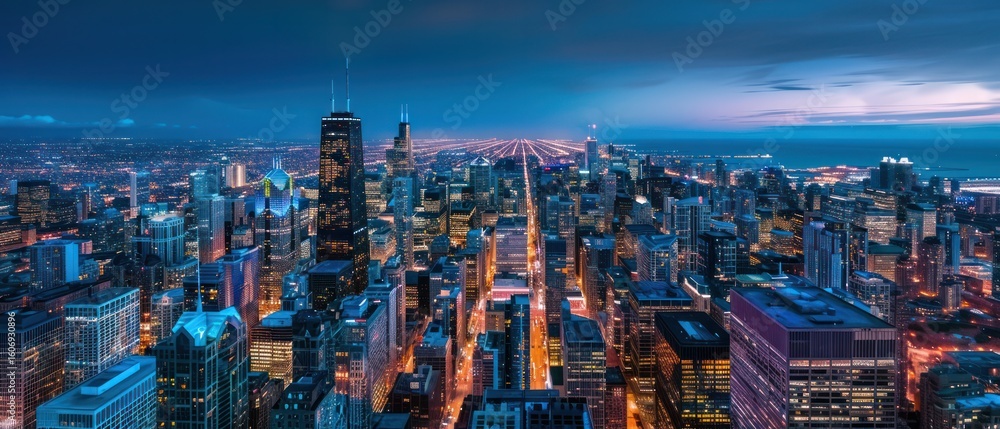 Fototapeta premium cityscape illuminated top view drone shot in hight time glowing shine light street line modern urban downtown skyline landscape.
