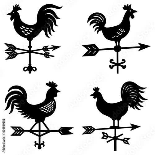 Four black rooster weather vanes with arrow directional indicators on a white isolated background view