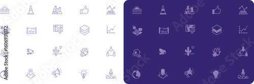 Dual Tone Modern Home and Dashboard Icons Set. UI Vector Pack with Launch, Like, People, Location, Tech. Progress Symbols for App, Web, Analytics, Dashboard Interface, Business, Digital Tools Design