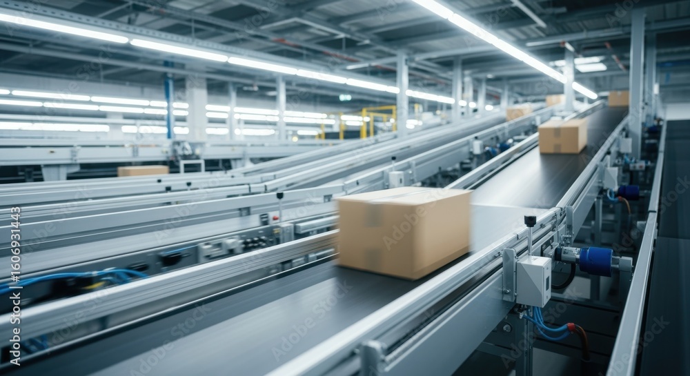Fototapeta premium Freight management scene featuring box seamlessly moving on automated sorting conveyor.