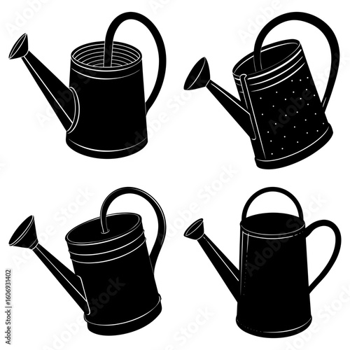 Four black and white watering cans with different designs and handle styles on a white background