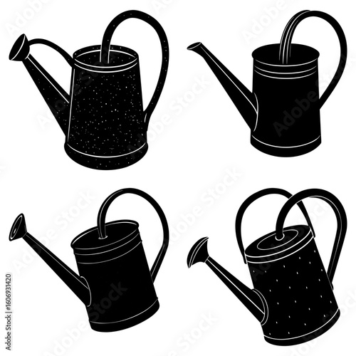 Four watering cans in black and white with different textures and orientations on a white background