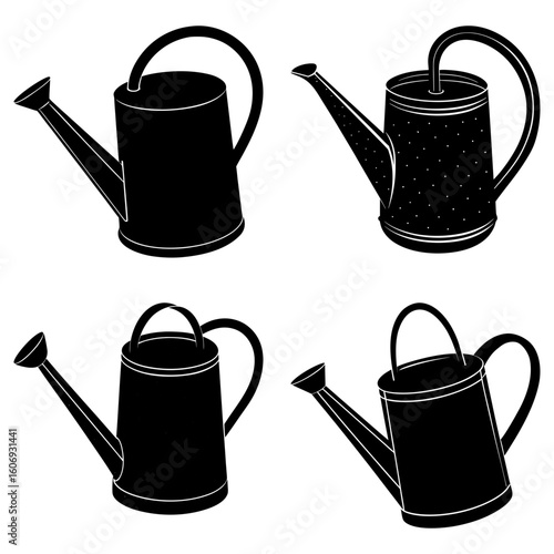 Four black and white watering cans with different designs and styles arranged on a white background image