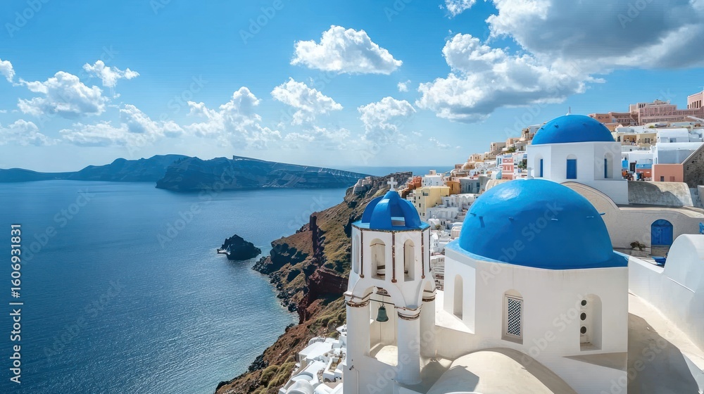 Obraz premium Coastal village with blue-domed churches