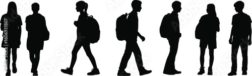 Silhouettes of students walking, standing, with backpacks, school or college learners, black outline, educational concept, isolated on white background.