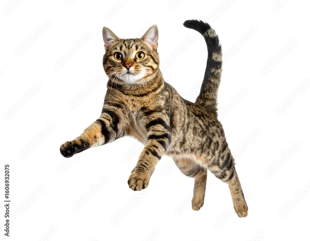 Fototapeta premium Playful tabby cat jumping with extended paws on transparent background