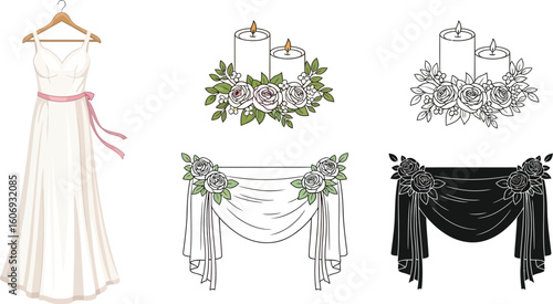 Wedding dress candles roses vector illustration for party and ceremony decor set