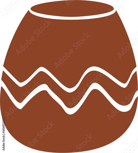 Brown clay pot with white zigzag pattern, home decor illustration