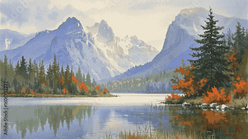 Ebbing Flow Quiet river valley scenery isolated watercolor vector illustration svg