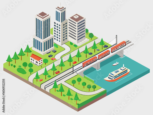 Isometric Modern City with River, Bridges, and Transport Infrastructure